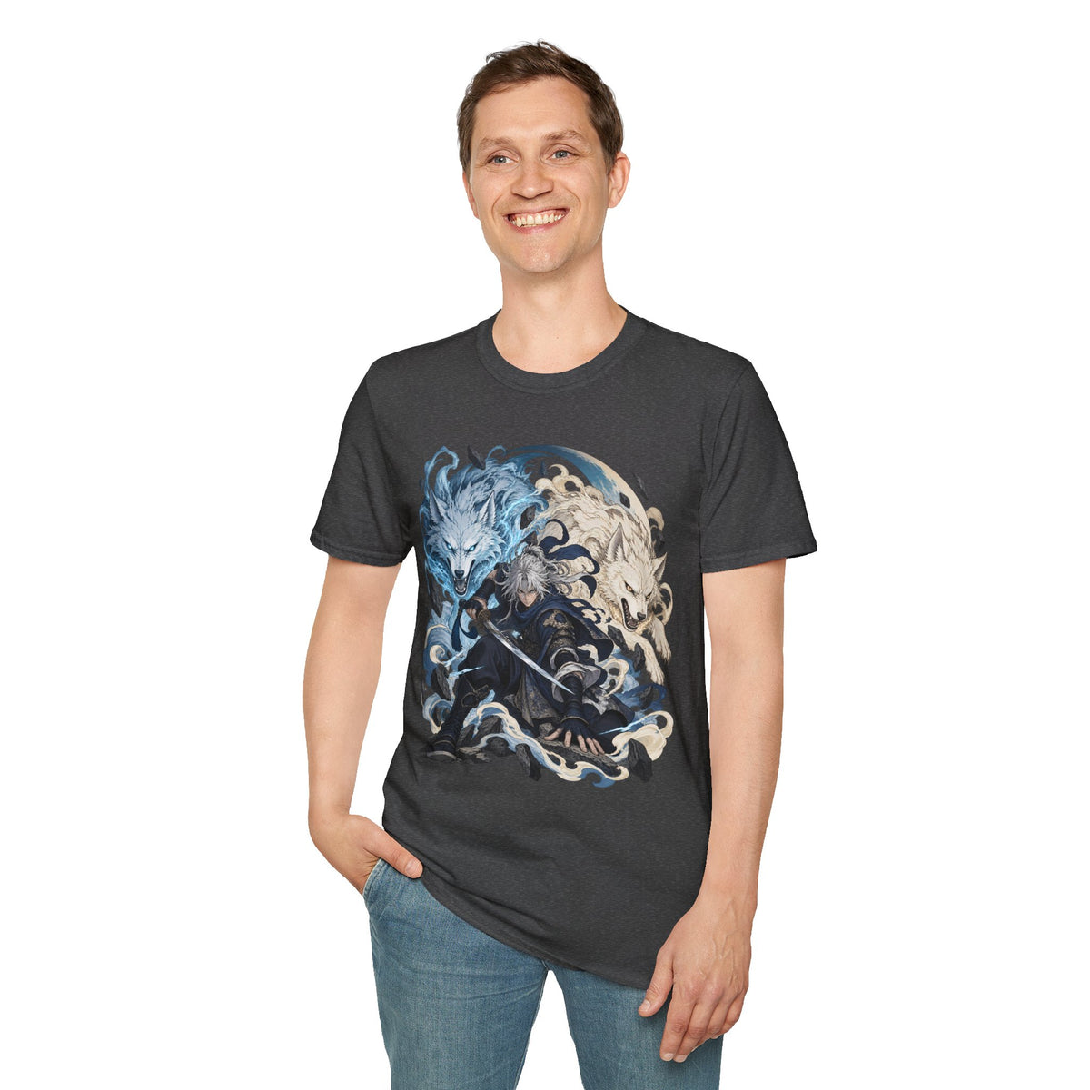 Wolf Spirit T-Shirt | Japanese Samurai | Yin Yang Blue & White Wolves Graphic Tee