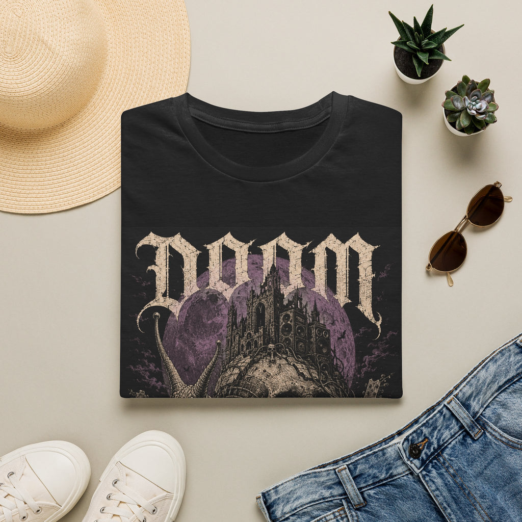 Folded black t-shirt with Doom Is Home text and purple gothic skull graphic, styled flat lay.