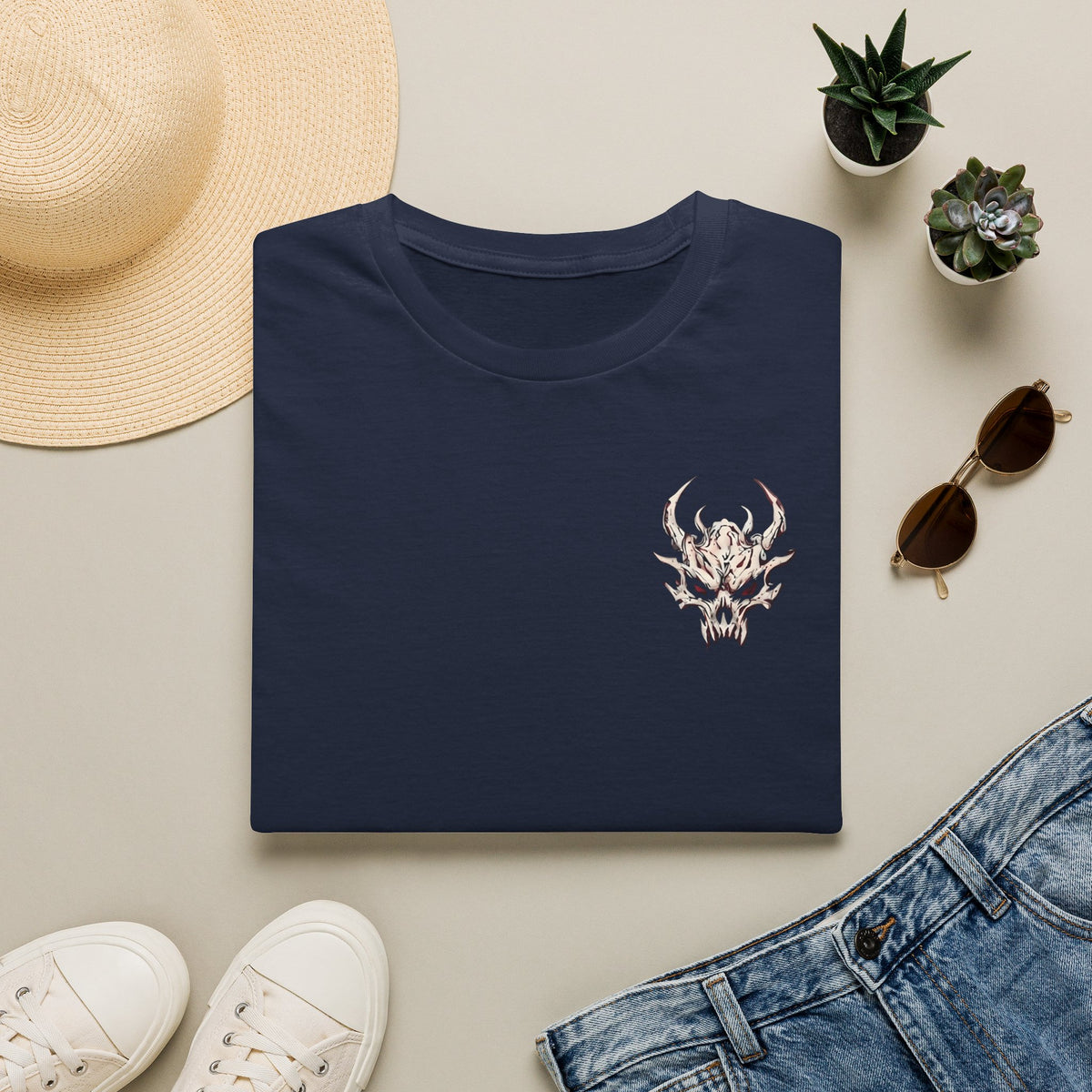 Demon Skull Chest Tee — Gothic Horned Skull T-Shirt