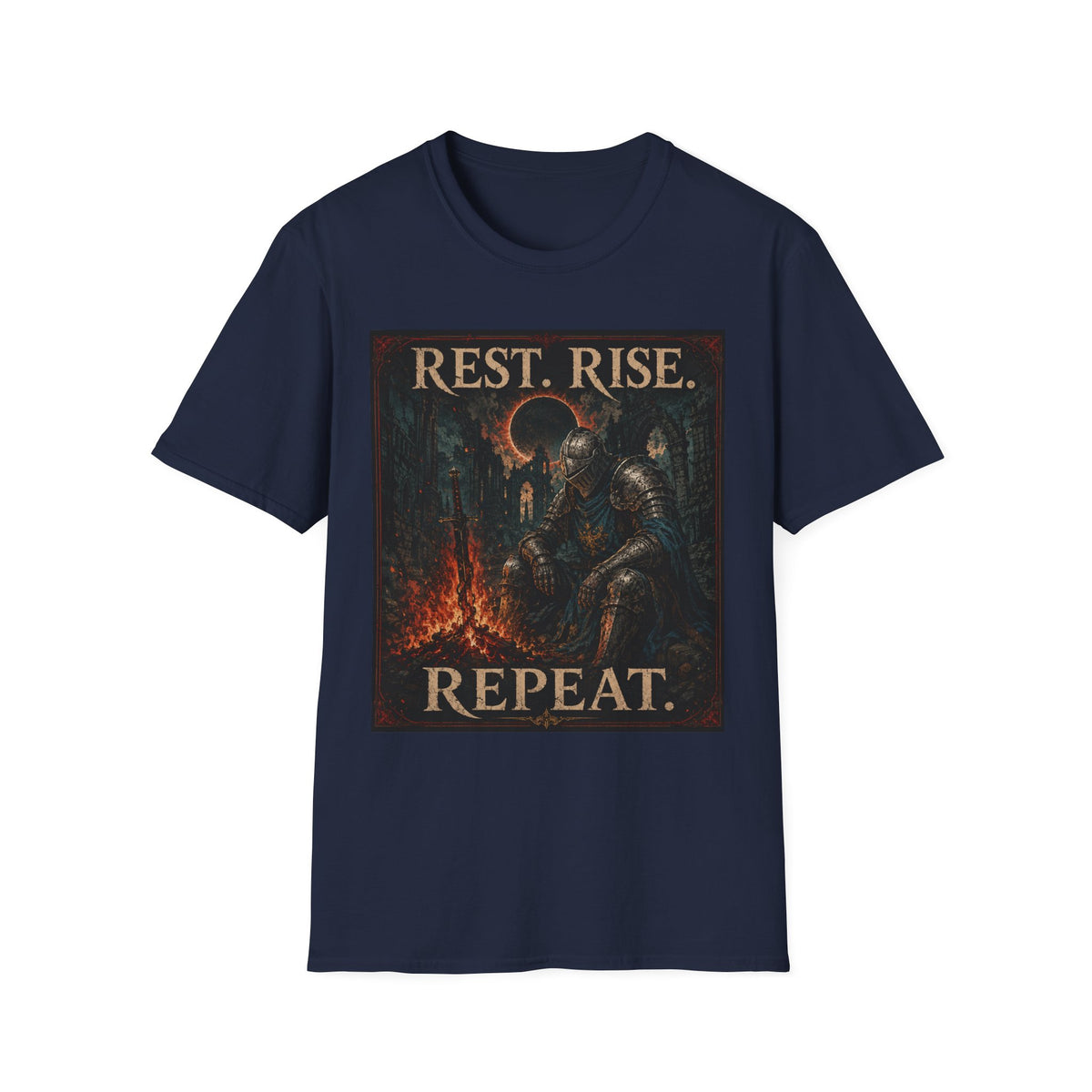 Rest. Rise. Repeat. T‑Shirt — Dark Souls Fantasy Knight Graphic Tee