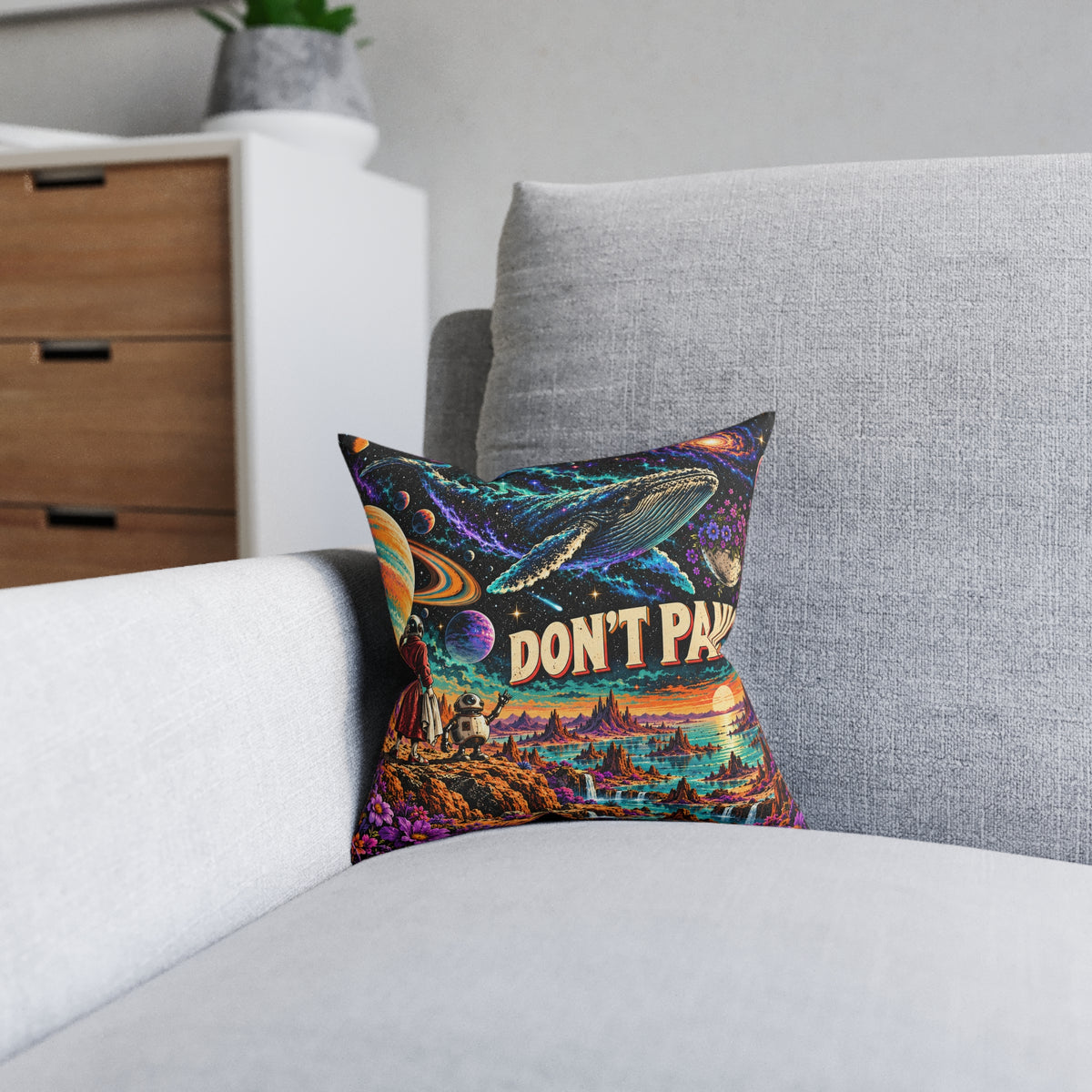 Don't Panic Sci Fi Space Whale Cushion | Decorative Sofa Pillow