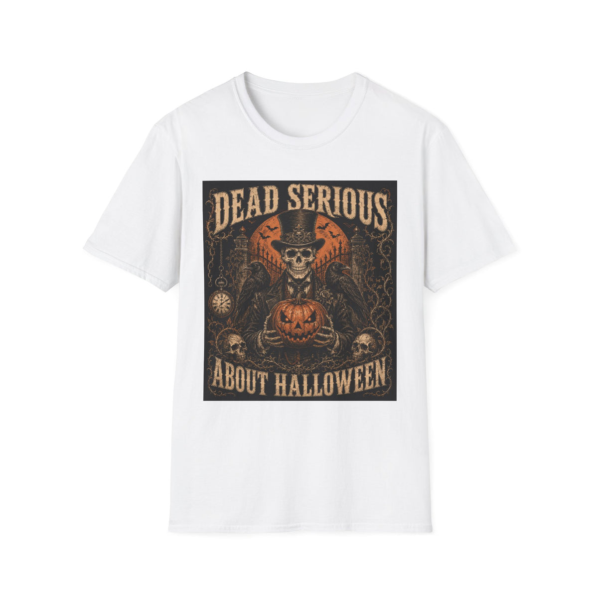 Halloween T-Shirt — "Dead Serious About Halloween" Skull & Pumpkin Vintage Design