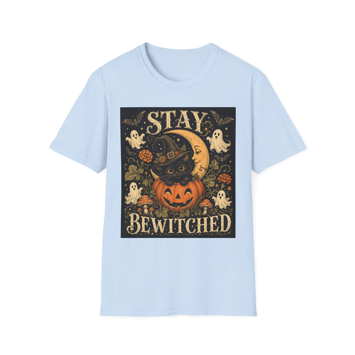 Halloween 'Stay Bewitched' T‑Shirt — Vintage Moon, Black Cat & Pumpkin Design
