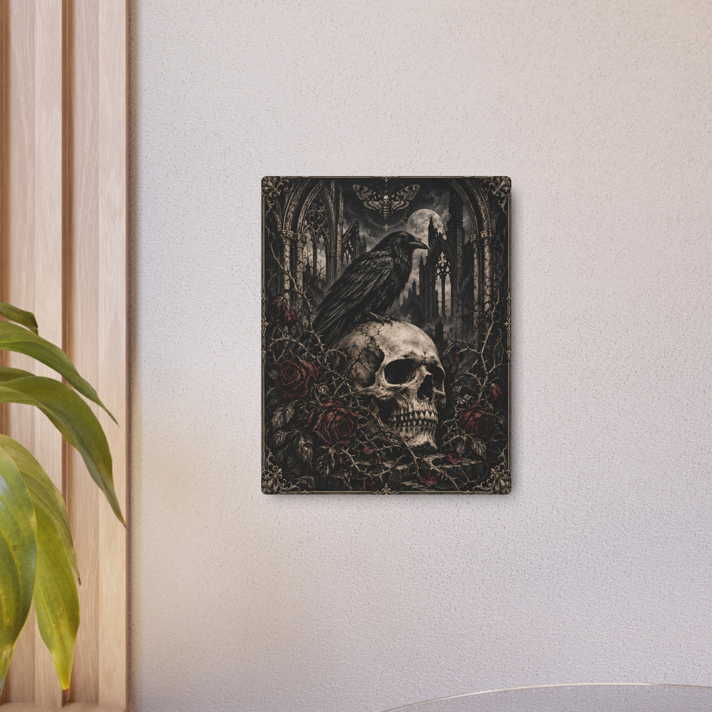Metal Art Sign | Gothic Raven & Skull | Dark Cemetery Wall Art