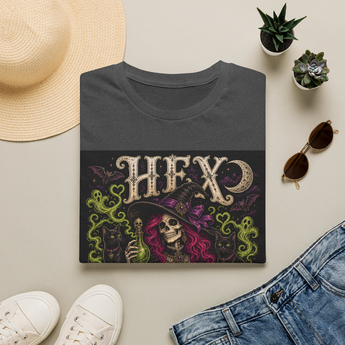 Witchy Halloween T‑Shirt — 'Hex Appears' Skull Witch Graphic Tee