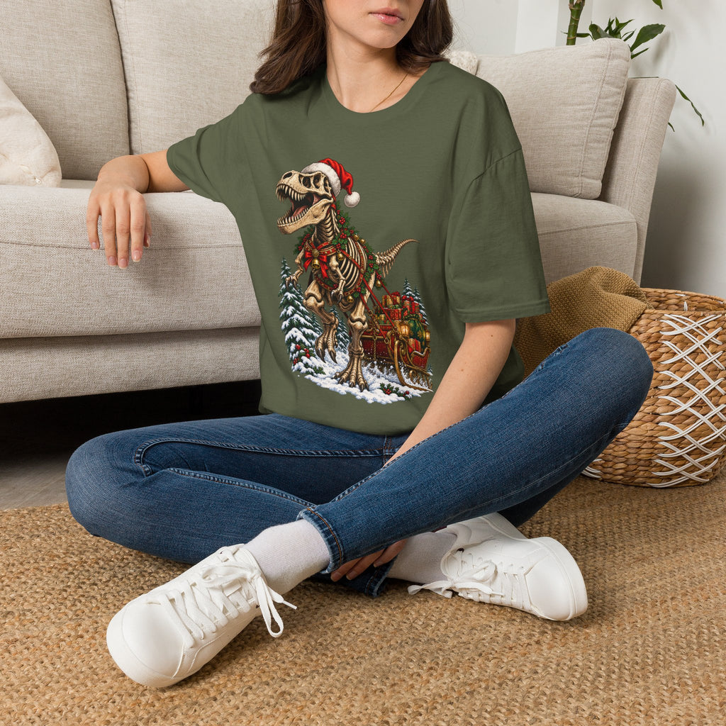 T-Rex Sleigh | Dinosaur Fossil Christmas T‑Shirt