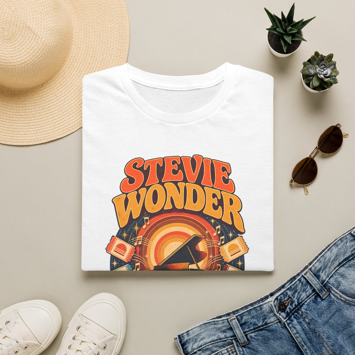 Stevie Wonder Retro Graphic T‑Shirt - Vintage Piano & Music Design