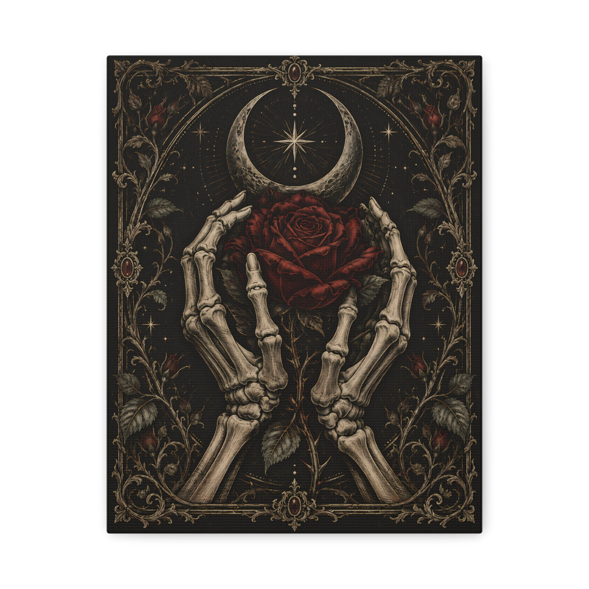 Canvas | Gothic Skeleton Hands & Red Rose | Occult Wall Art