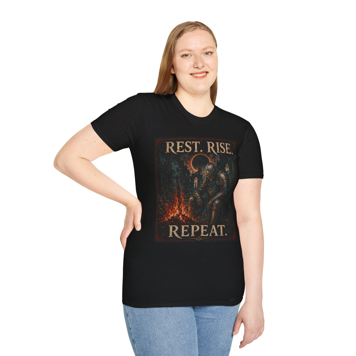Rest. Rise. Repeat. T‑Shirt — Dark Souls Fantasy Knight Graphic Tee