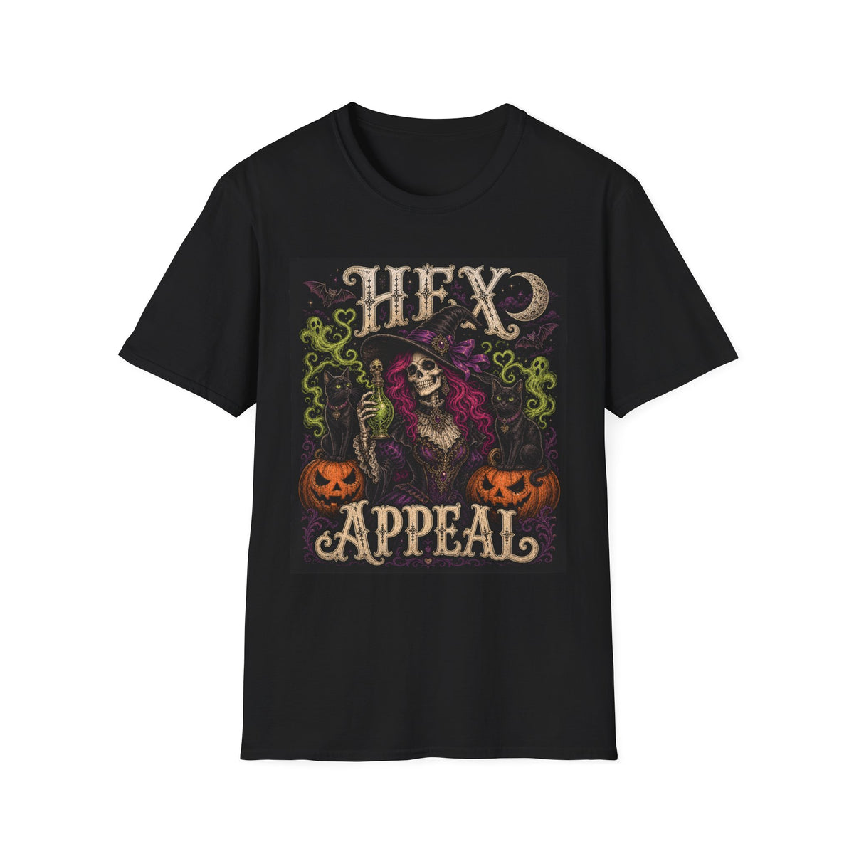 Witchy Halloween T‑Shirt — 'Hex Appears' Skull Witch Graphic Tee