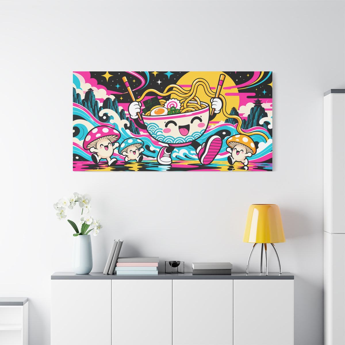 Wall Art | Neon Ramen | Kawaii Noodle Bowl & Mushroom Pop Art