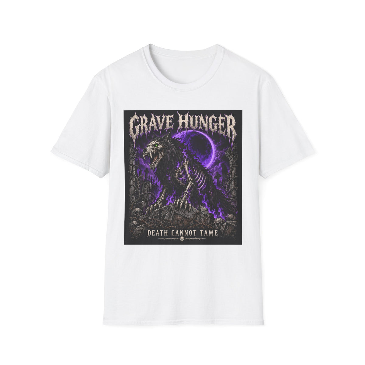 Grave Hunger Gothic Band Tee — Purple Reaper Graphic T-Shirt