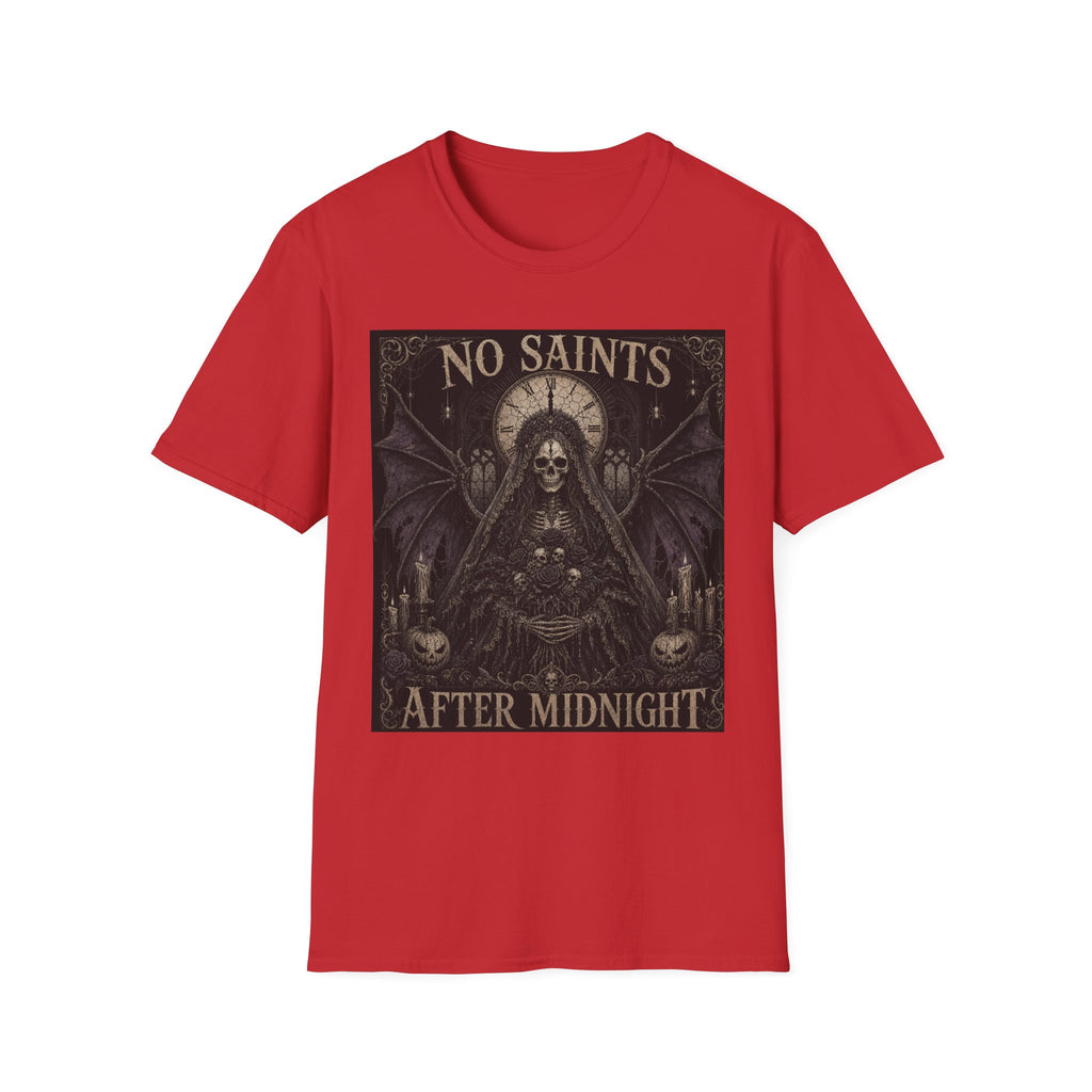 No Saints Graphic T-Shirt — Gothic Skull Clock Design