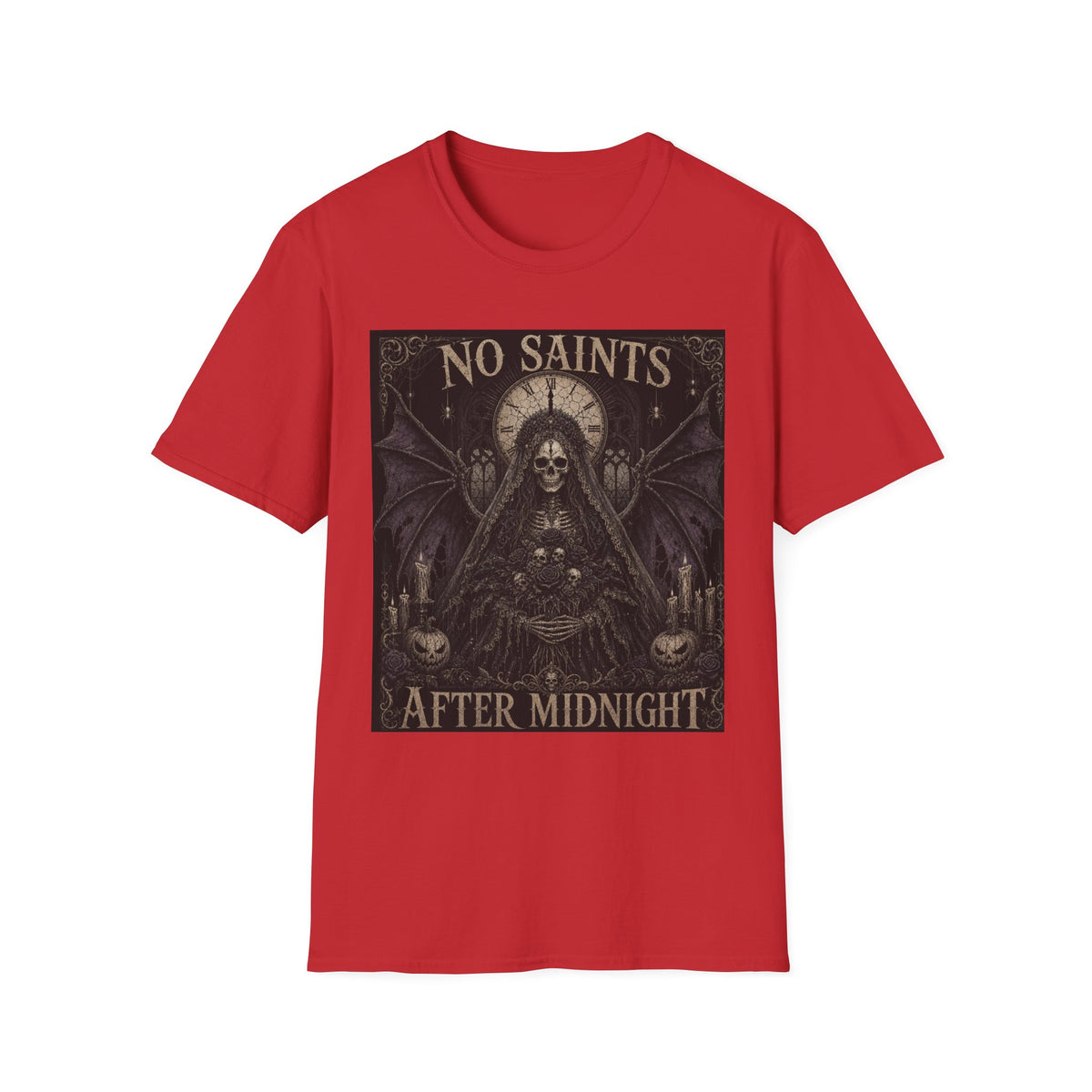 No Saints Graphic T-Shirt — Gothic Skull Clock Design