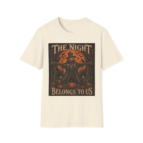 Halloween Scarecrow T-Shirt — "The Night Belongs To" Spooky Pumpkin Graphic
