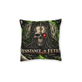 Cushion artwork: A mechanical skull stares out from a tangle of cables, its single red eye glowing against green circuitry and towering technological structures.