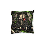 Cushion artwork: A mechanical skull stares out from a tangle of cables, its single red eye glowing against green circuitry and towering technological structures.
