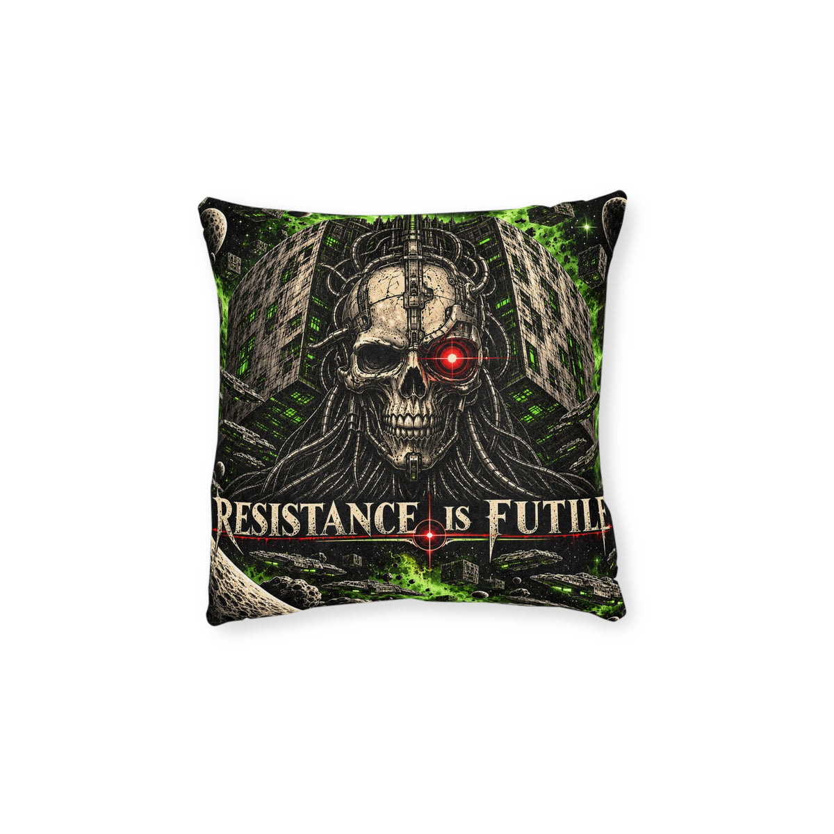 Cushion artwork: A mechanical skull stares out from a tangle of cables, its single red eye glowing against green circuitry and towering technological structures.