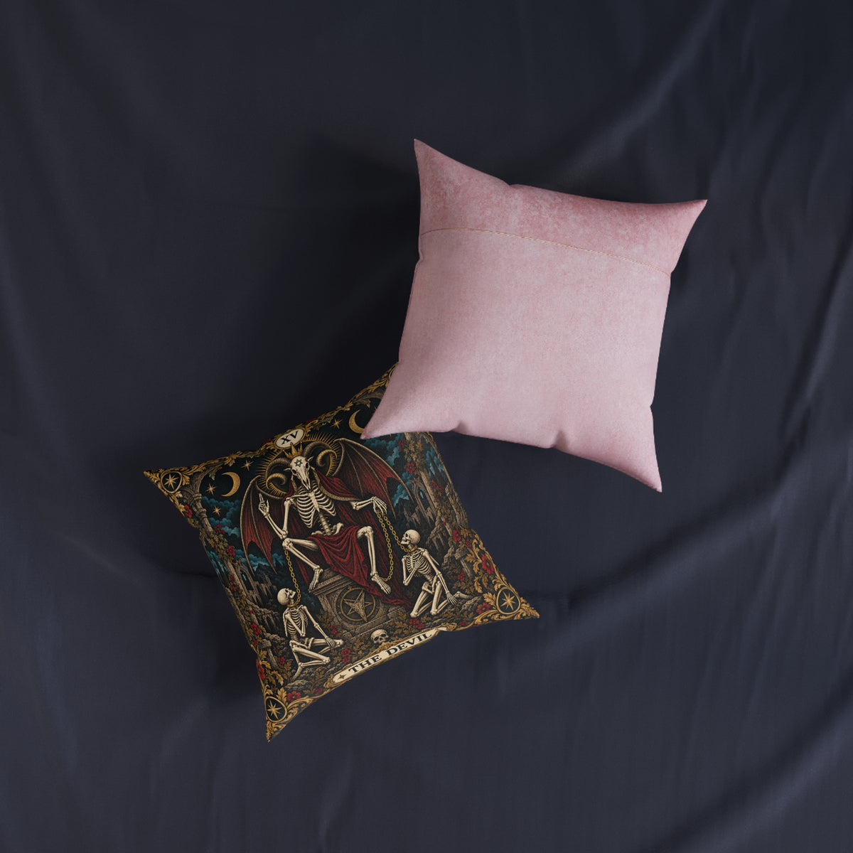 The Devil Tarot Cushion, Gothic Horned Skeleton Pillow
