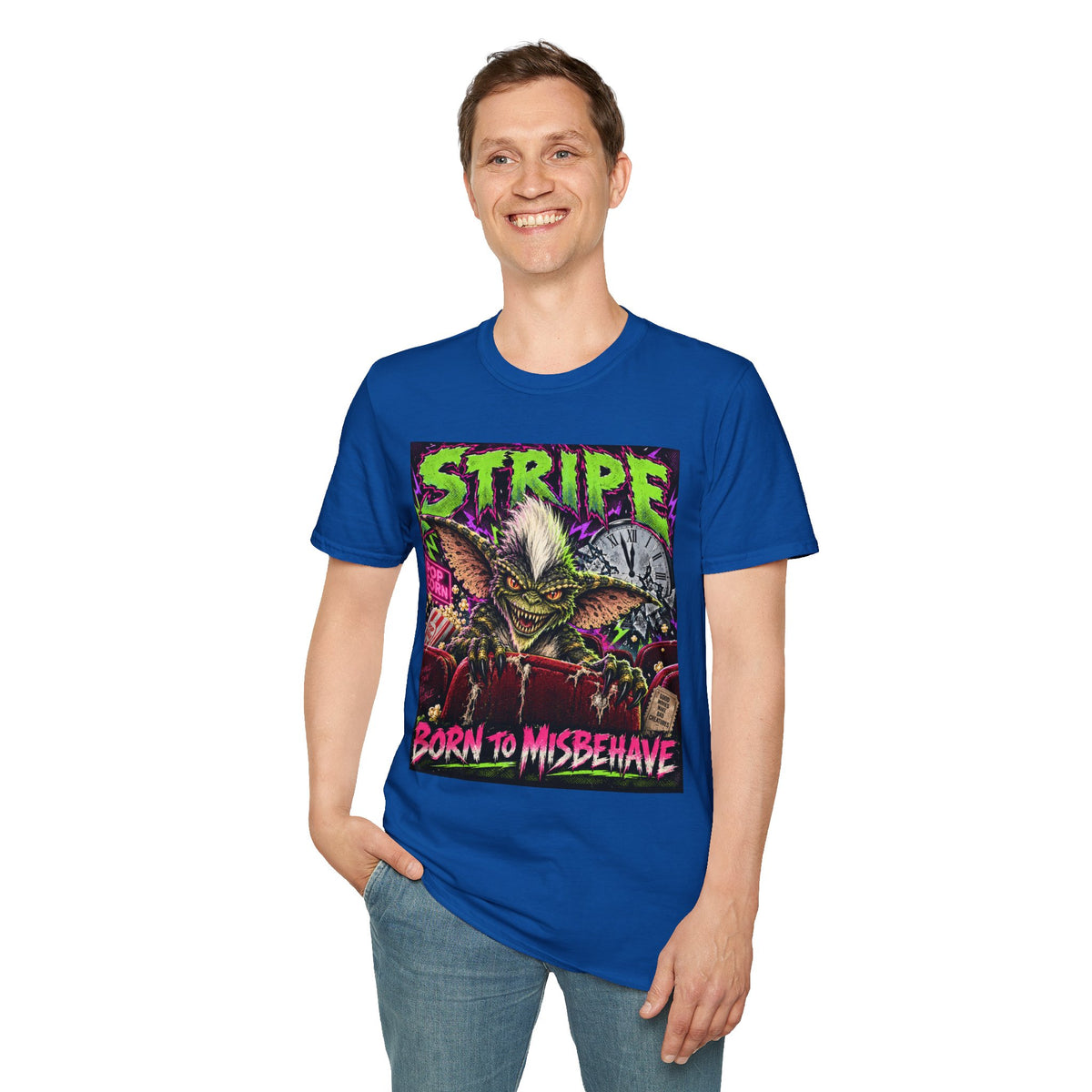 Stripe Gremlin T‑Shirt — 'Born to Misbehave' Retro Horror Graphic Tee