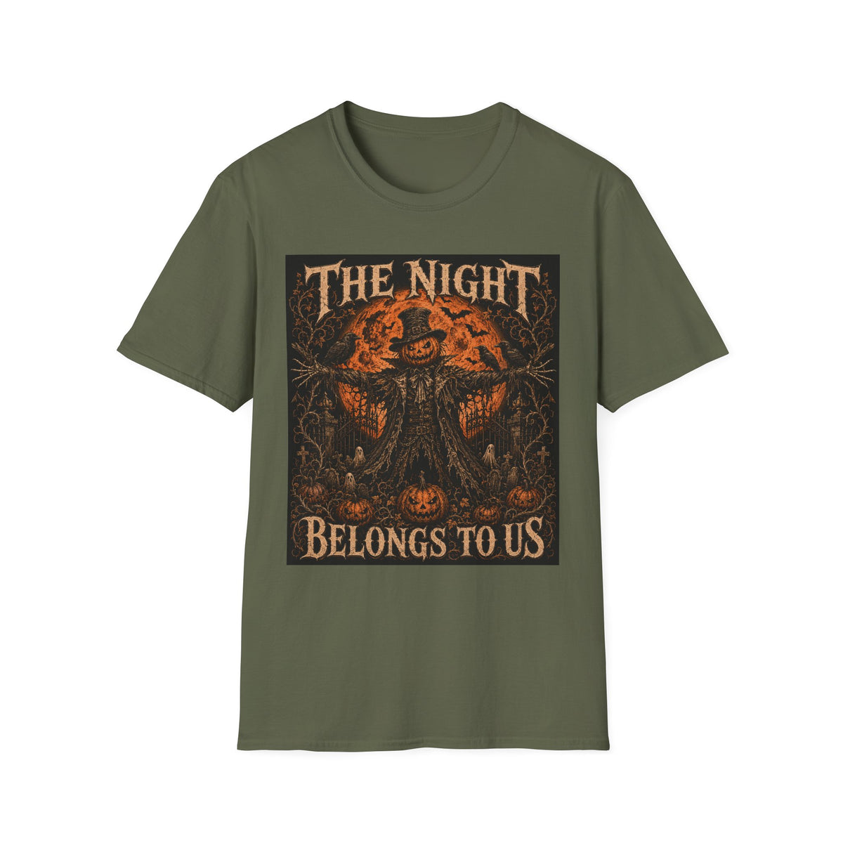Halloween Scarecrow T-Shirt — "The Night Belongs To" Spooky Pumpkin Graphic