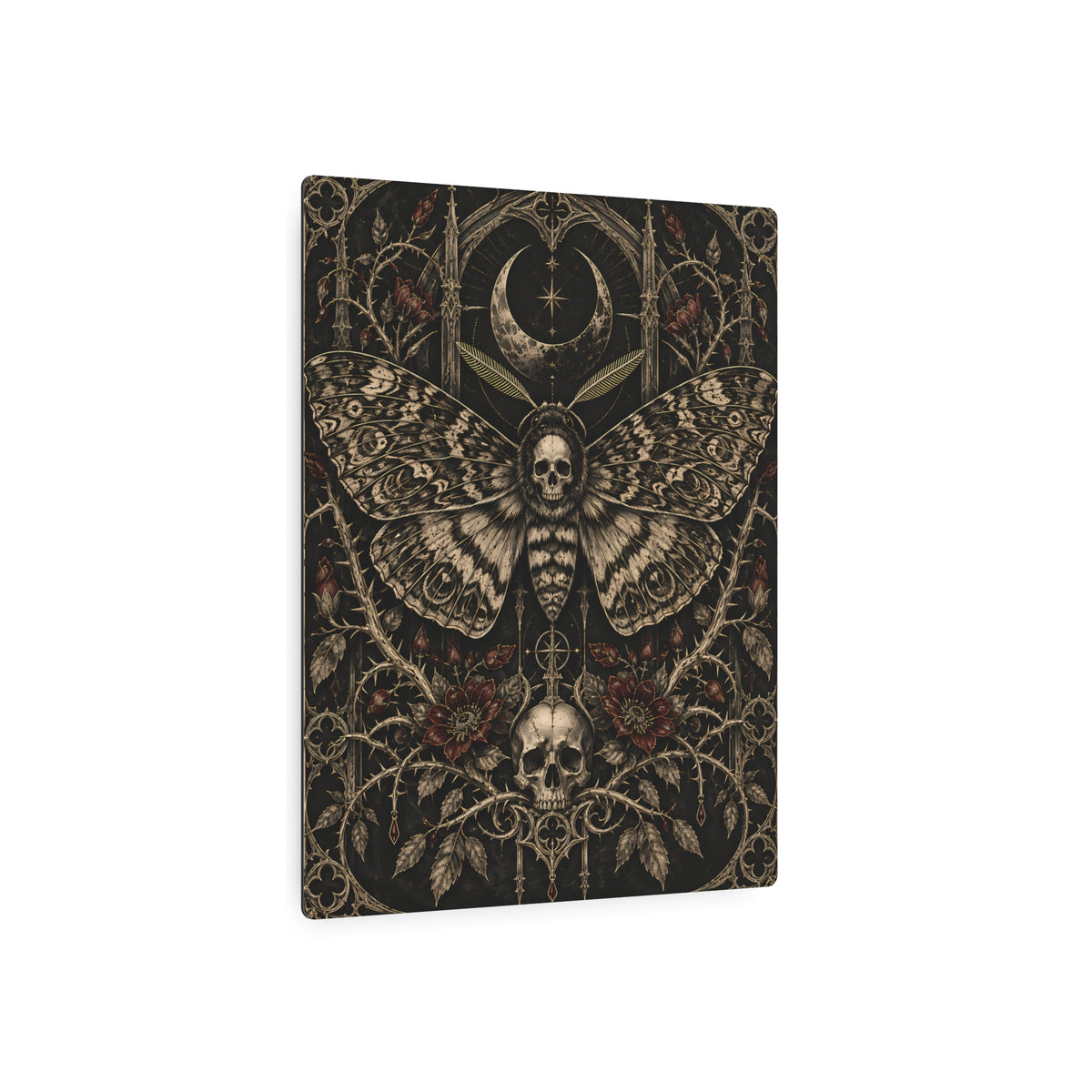 Metal Art Sign | Gothic Death Moth | Dark Skull & Crescent Moon Wall Art