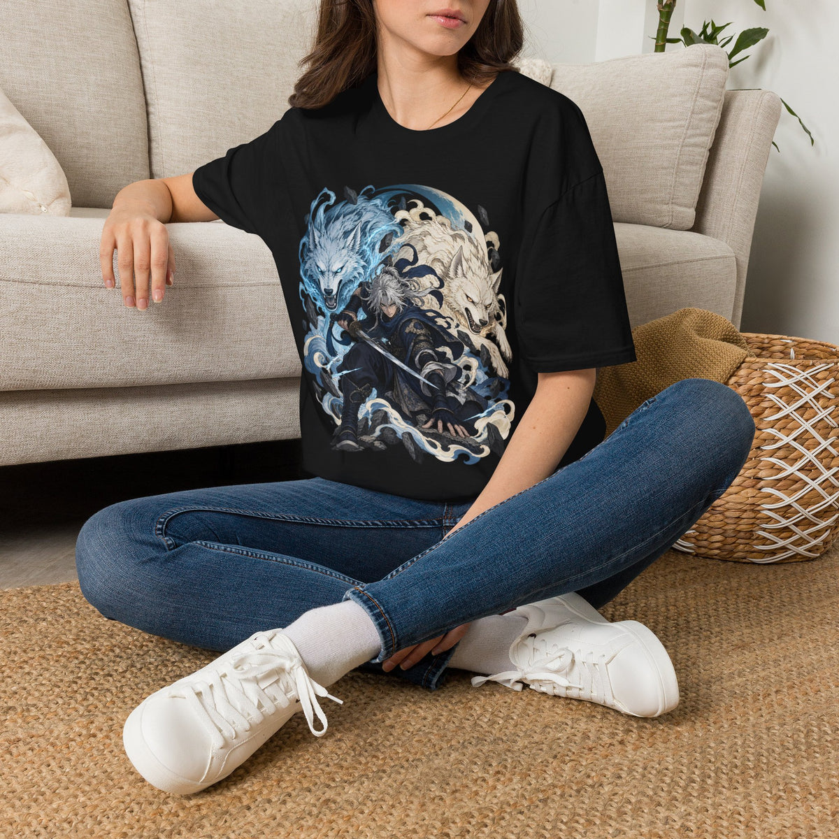 Wolf Spirit T-Shirt | Japanese Samurai | Yin Yang Blue & White Wolves Graphic Tee
