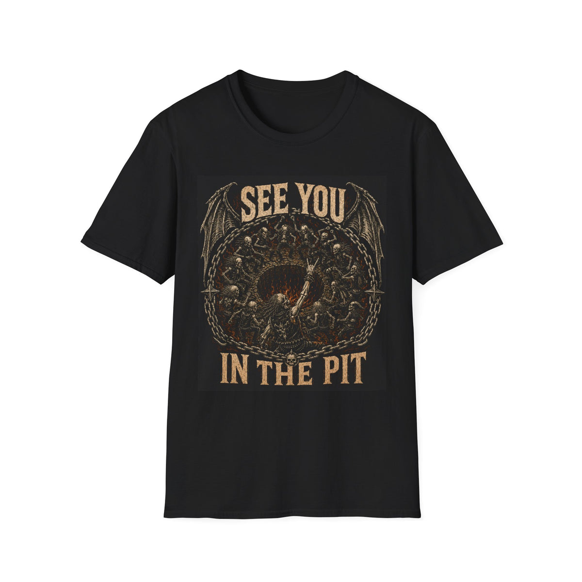 Black T-shirt with See You in the Pit text and ornate skull graphic, front view.