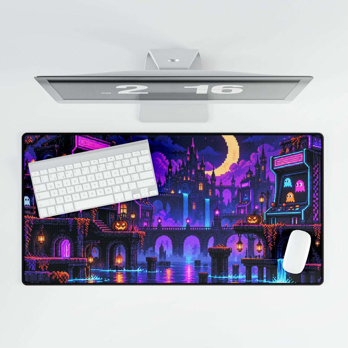 Neon Halloween City Desk Mat — Spooky Pixel Art Gaming Mouse Pad