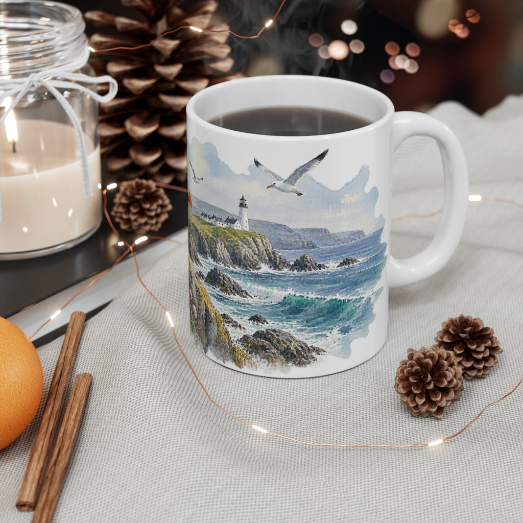 Puffins and Lighthouse Watercolour Mug | Nautical Seabird Coast