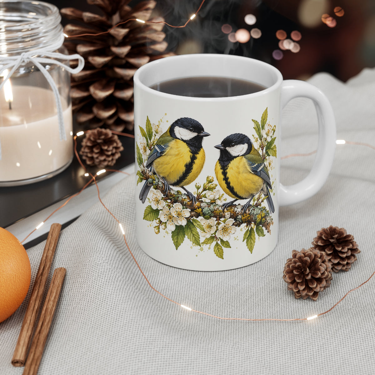 Blue Tit Songbird Coffee Mug | Birds on Blossoming Branches Ceramic Mug Gift