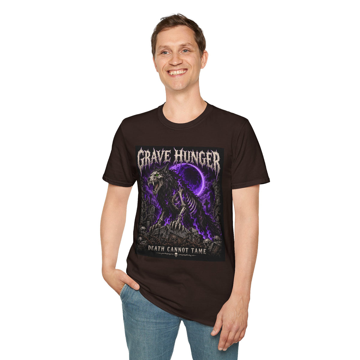 Grave Hunger Gothic Band Tee — Purple Reaper Graphic T-Shirt