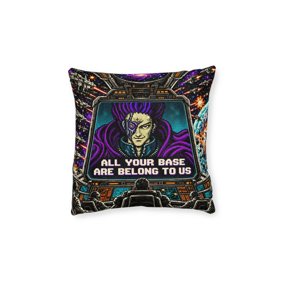 Cushion artwork: The purple-haired villain CATS appears on a spacecraft monitor, surrounded by control panels and a chaotic view of outer space.