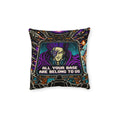 Cushion artwork: The purple-haired villain CATS appears on a spacecraft monitor, surrounded by control panels and a chaotic view of outer space.