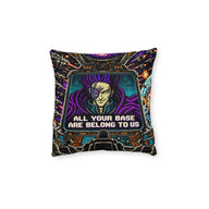 Cushion artwork: The purple-haired villain CATS appears on a spacecraft monitor, surrounded by control panels and a chaotic view of outer space.
