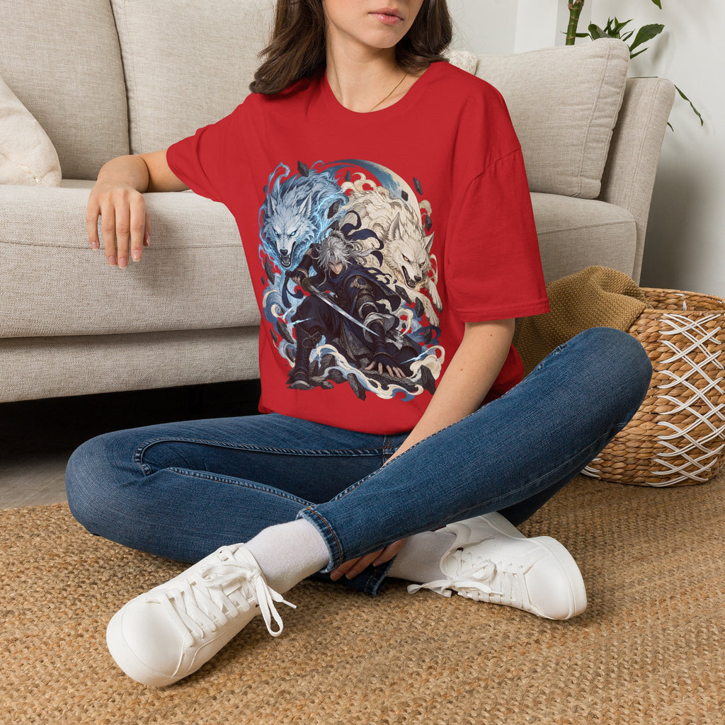 Wolf Spirit T-Shirt | Japanese Samurai | Yin Yang Blue & White Wolves Graphic Tee