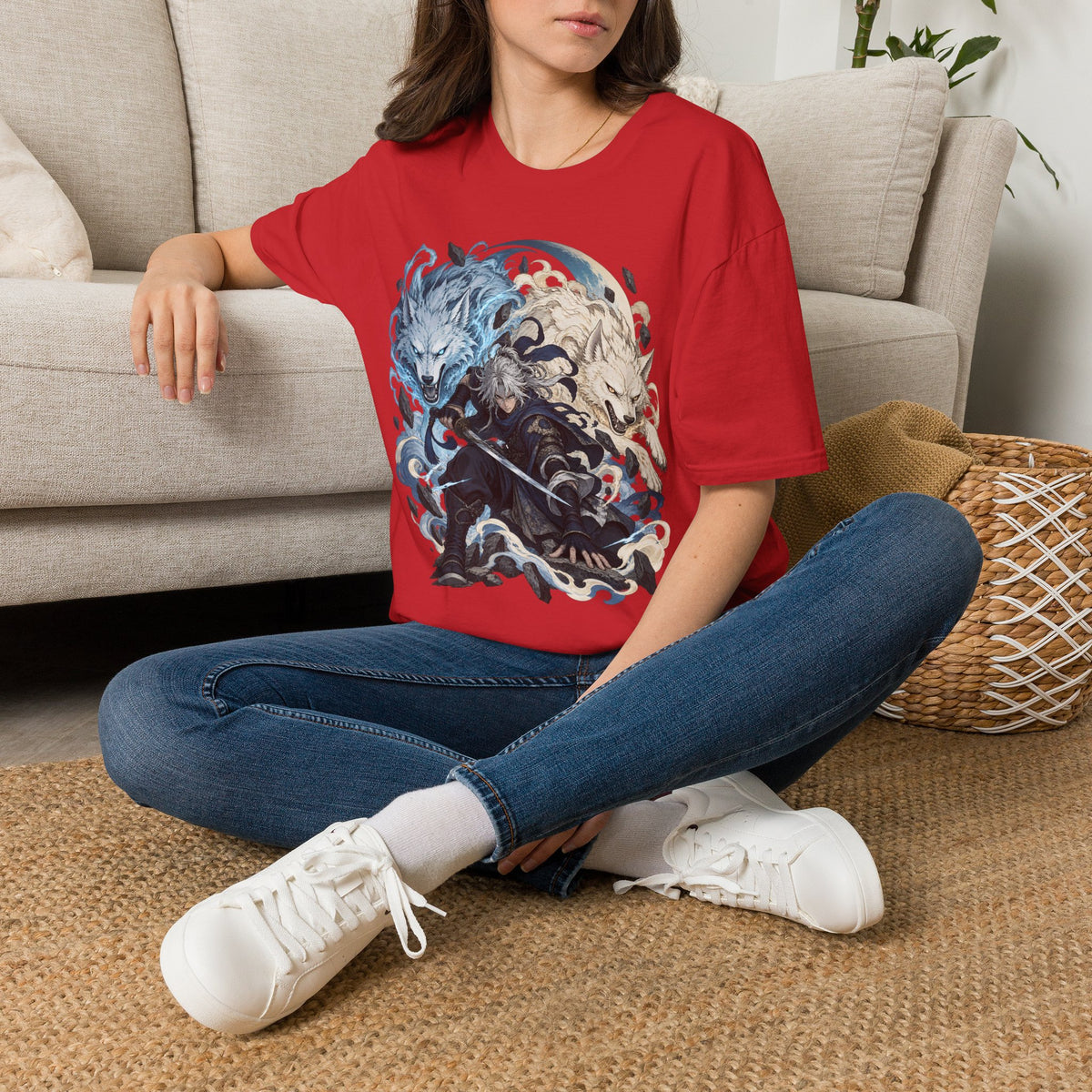 Wolf Spirit T-Shirt | Japanese Samurai | Yin Yang Blue & White Wolves Graphic Tee