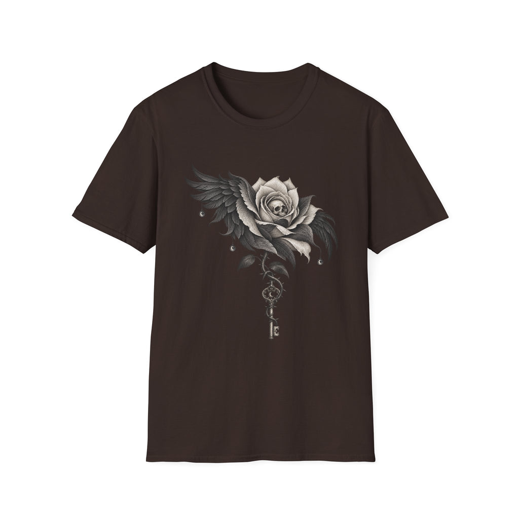 Gothic Skull Rose T-Shirt Design | Raven Wings & Skeleton Key