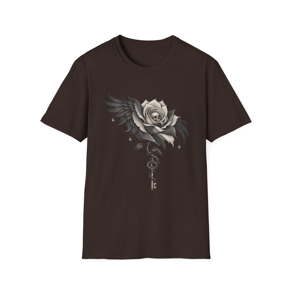 Gothic Skull Rose T-Shirt Design | Raven Wings & Skeleton Key