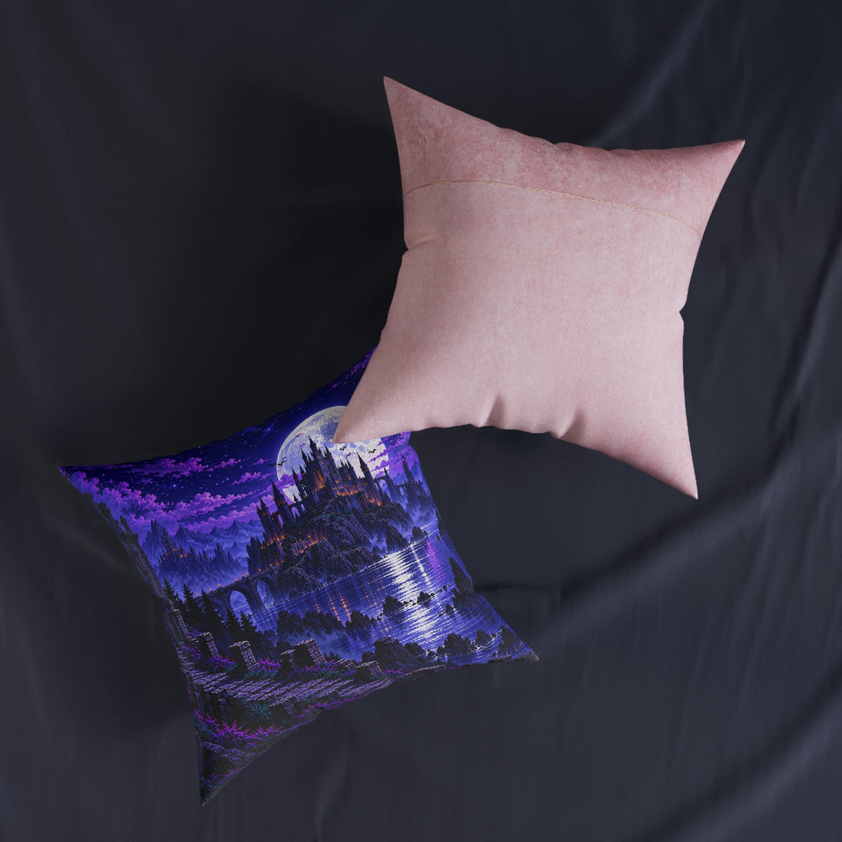 Moonlit Castle Pixel Art Gothic Fantasy Cushion | Decorative Sofa Pillow