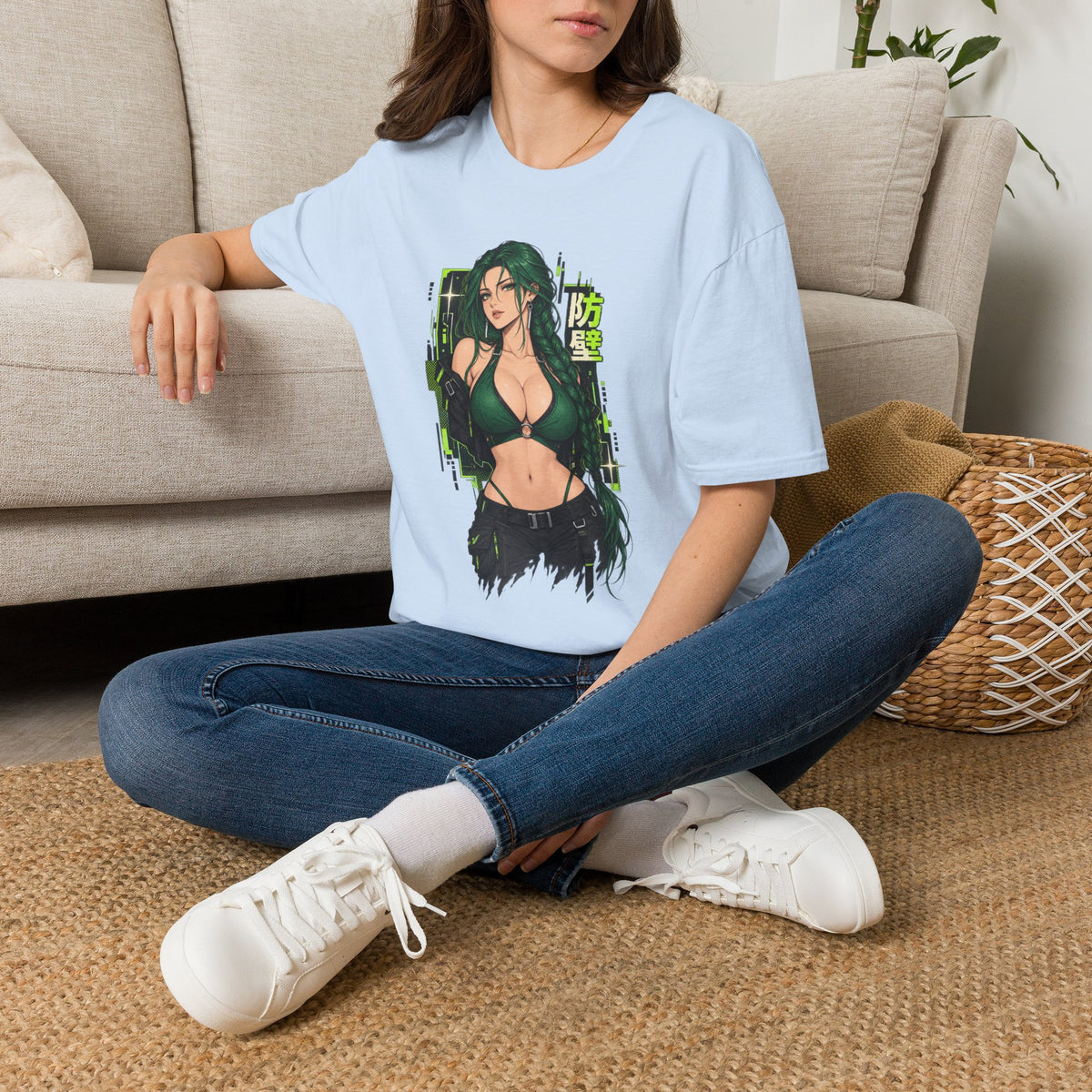Jade | Anime Green-Haired Sexy Pin Up Girl Warrior Graphic Shirt
