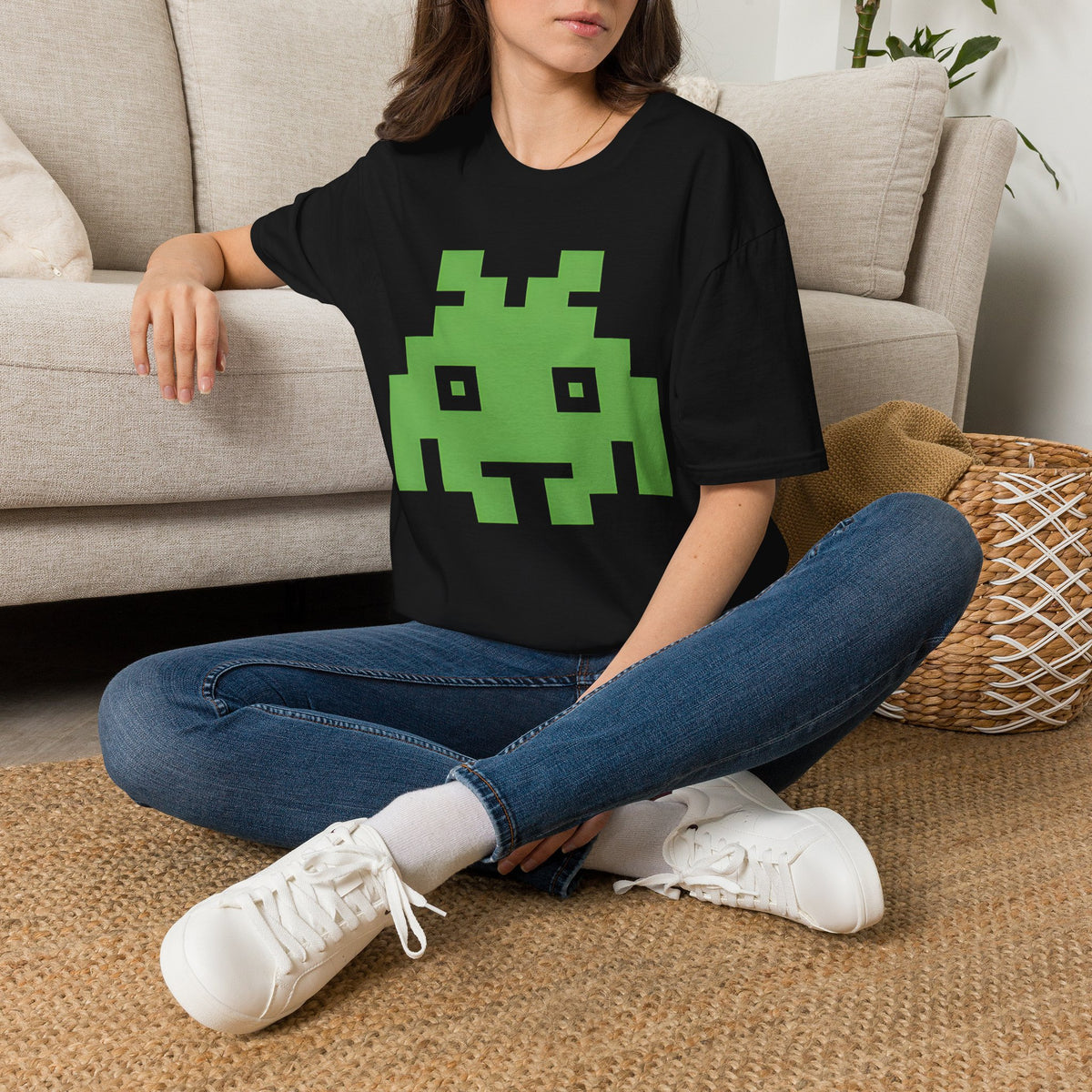 Retro Pixel Alien Tee — Green 8-Bit Gamer Graphic Shirt