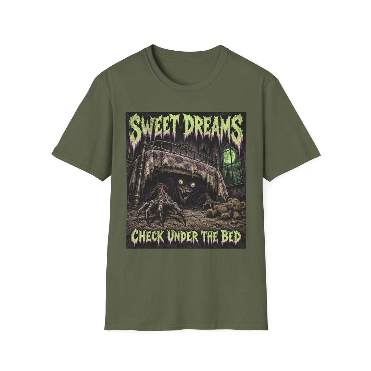 Sweet Dreams Horror T-Shirt — “Check Under the Bed” Gothic Sleep Tee
