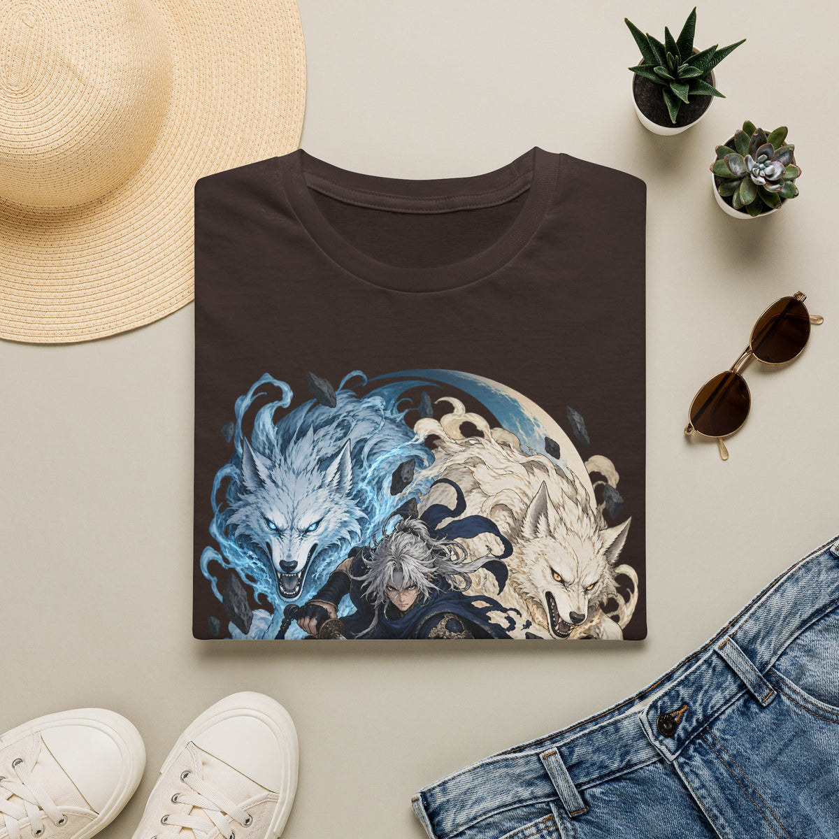 Wolf Spirit T-Shirt | Japanese Samurai | Yin Yang Blue & White Wolves Graphic Tee