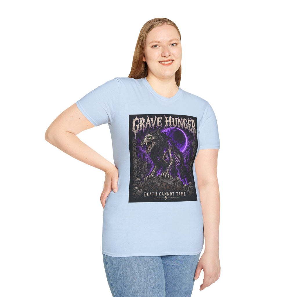 Grave Hunger Gothic Band Tee — Purple Reaper Graphic T-Shirt