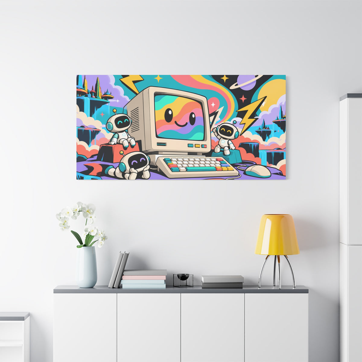 Wall Art | Retro Computer | Cute Robots & Rainbow CRT Print