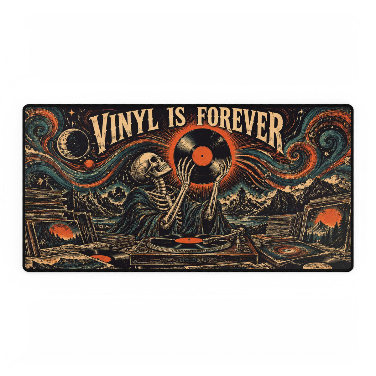 Mouse Pad | Vinyl Is Forever | Retro Skeleton Record Player Desk Mat