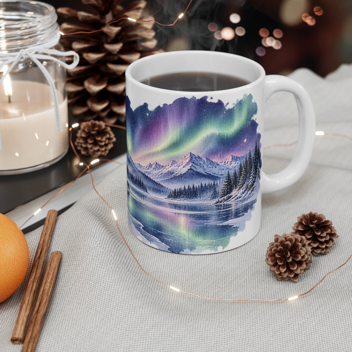 Northern Lights Mug | Winter Cabin Watercolour | Stargazer Gift