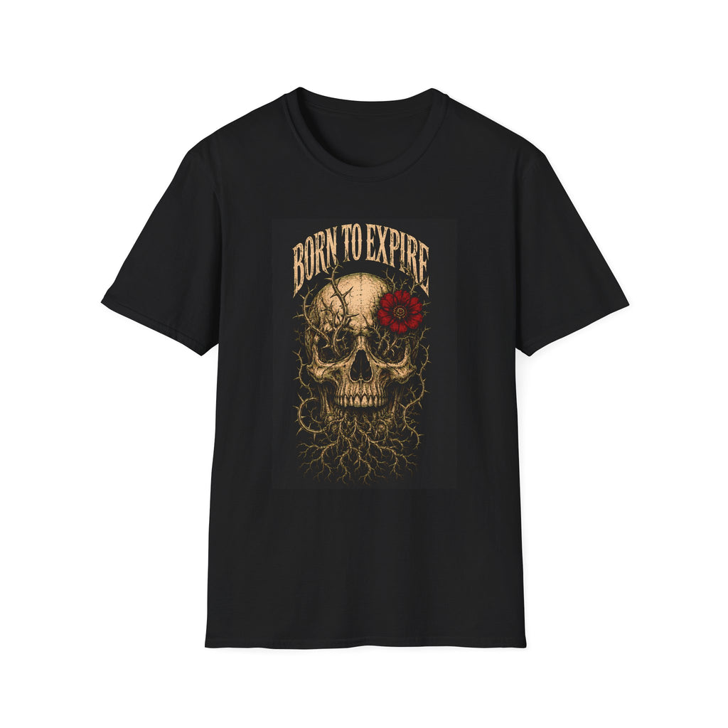 Black T-shirt with Born to Expire text with a skull and red flower, front view.