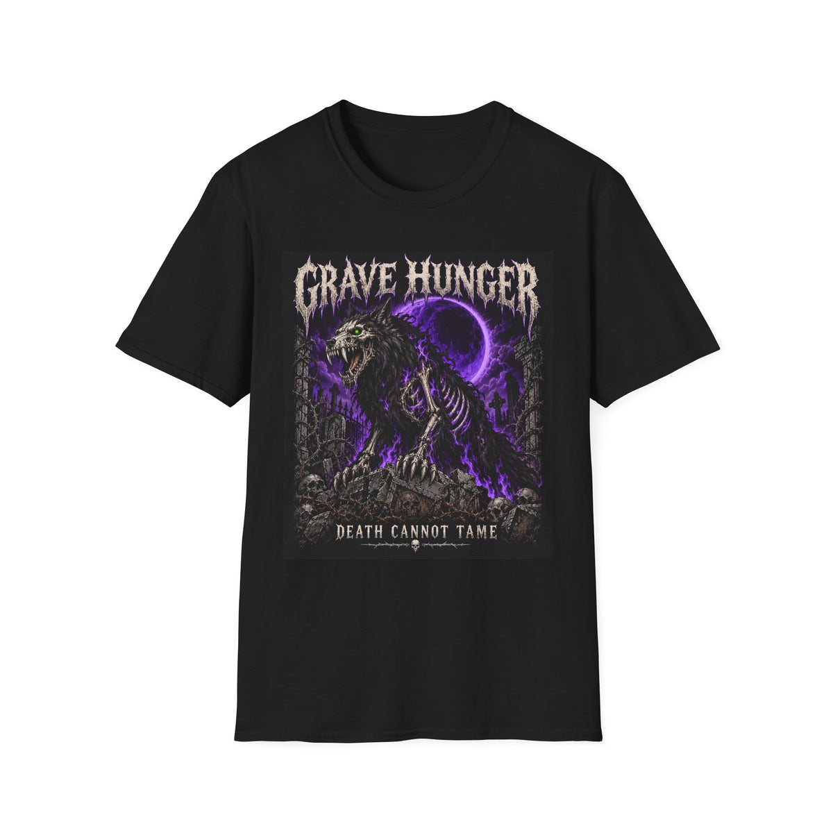 Grave Hunger Gothic Band Tee — Purple Reaper Graphic T-Shirt